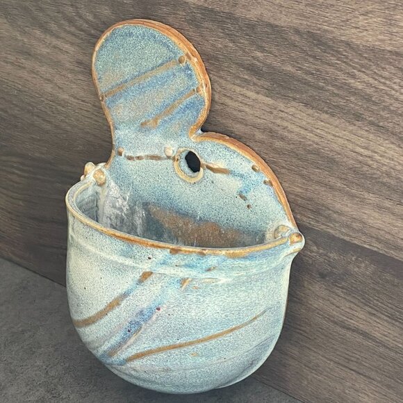 Studio Art Pottery Signed Handmade Blue Ceramic Freeform Hanging Wall Pocket - Picture 4 of 9